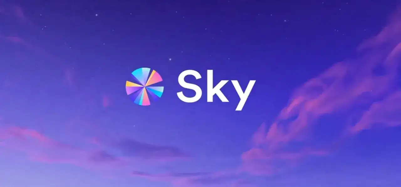 Das Sky-Logo mit einem bunten Rad, wie ein Maker Coin, vor einem lila Himmel mit Wolken und Sternen.