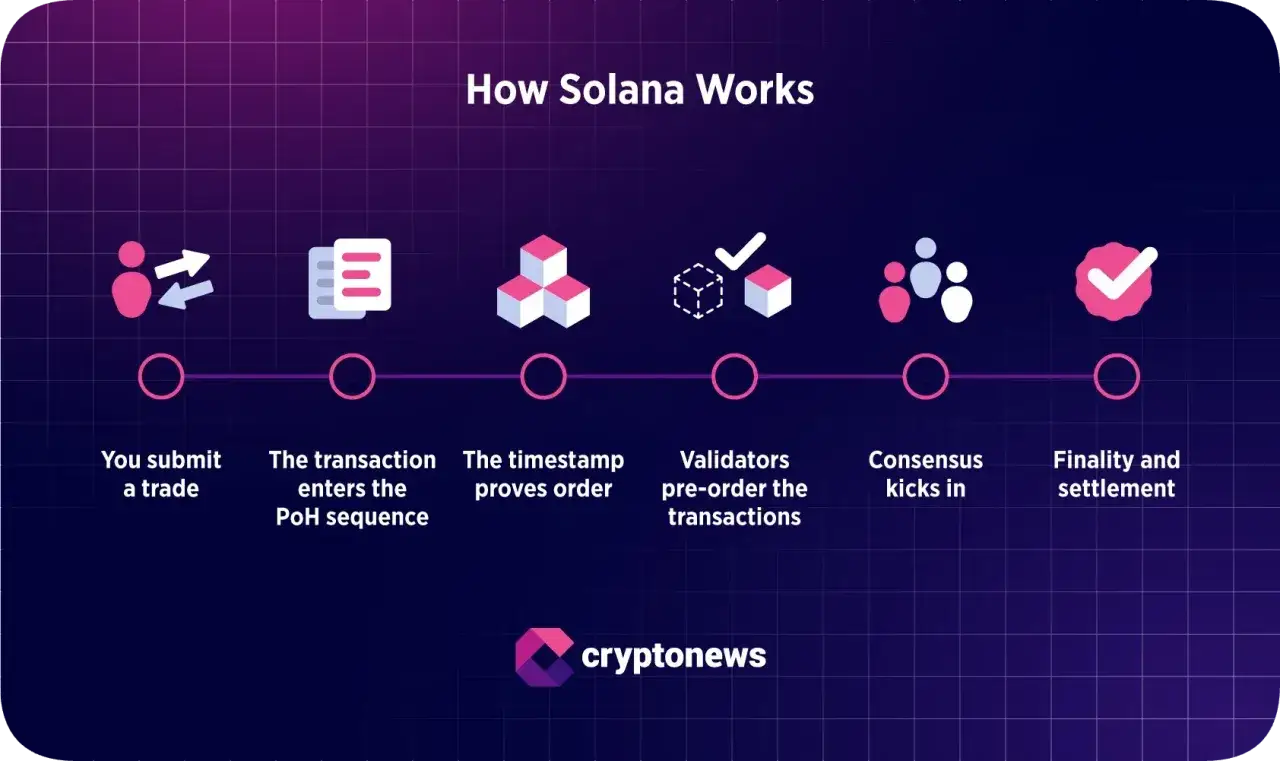 Schema, wie die Solana Blockchain funktioniert: Transaktionen werden eingereicht, zeitgestempelt, von Validatoren vorab sortiert, Konsens erzielt und schlie&szlig;lich finalisiert.