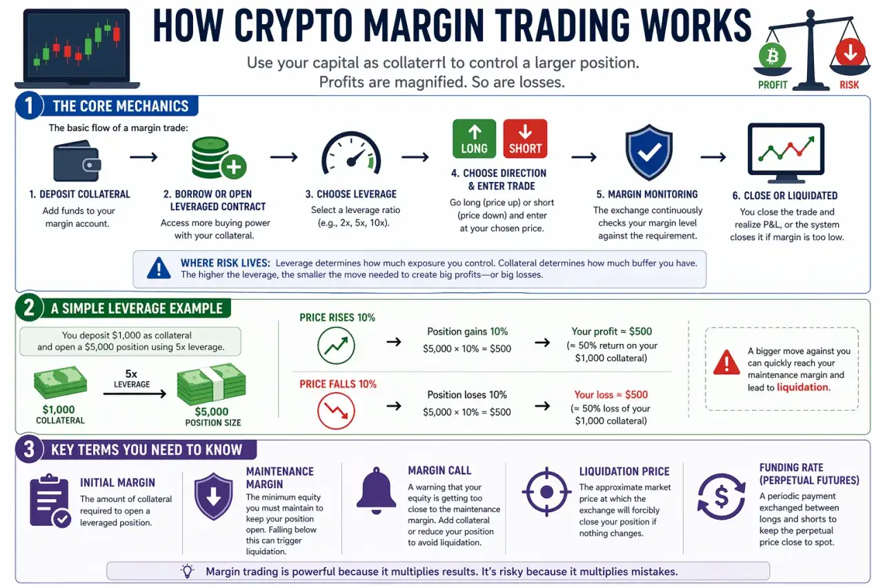 Infografik erkl&auml;rt krypto hebel trading: Einlagen, Kreditaufnahme, Hebelwahl, Richtung, &Uuml;berwachung & Liquidation. Risiken & Begriffe.