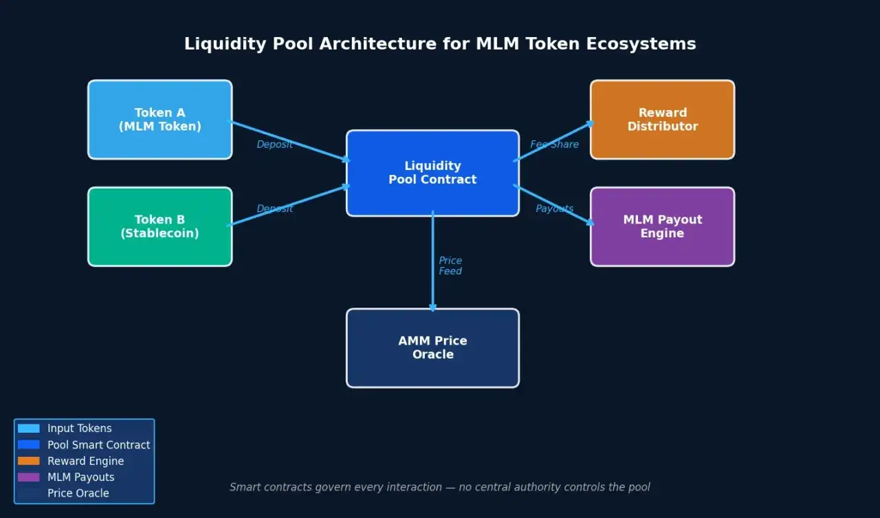 Architektur eines Liquidit&auml;tspools f&uuml;r MLM-Token-&Ouml;kosysteme, der Token A und B, einen Pool-Smart-Contract, einen Belohnungsverteiler, eine MLM-Auszahlungs-Engine und ein AMM-Preis-Oracle zeigt. Ein Balancer fi steuert die Interaktionen.