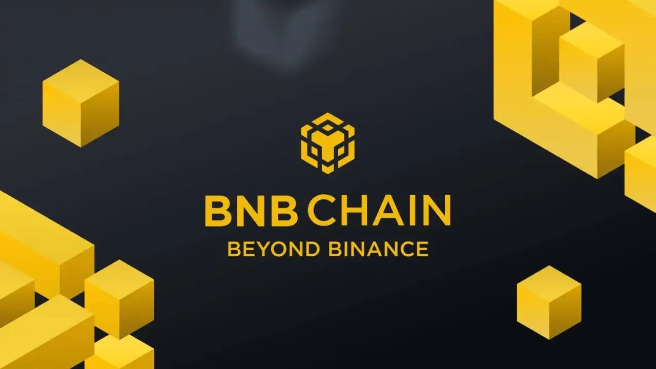 BNB CHAIN Logo mit gelben W&uuml;rfeln und Text 