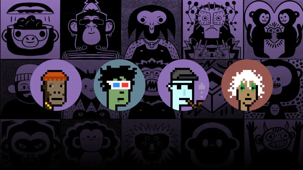 Pixelige Gesichter im Kreis, darunter ein Punk mit 3D-Brille und ein Raucher. Die Crypto Punks sind Teil einer bunten Collage.