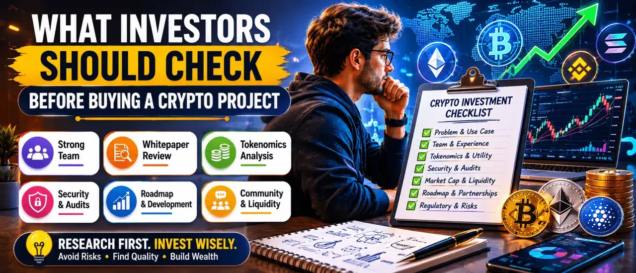 Mann prüft eine Checkliste für Krypto-Investitionen, um die DYOR-Bedeutung zu verstehen: Team, Whitepaper, Tokenomics, Sicherheit, Roadmap, Community & Liquidität.
