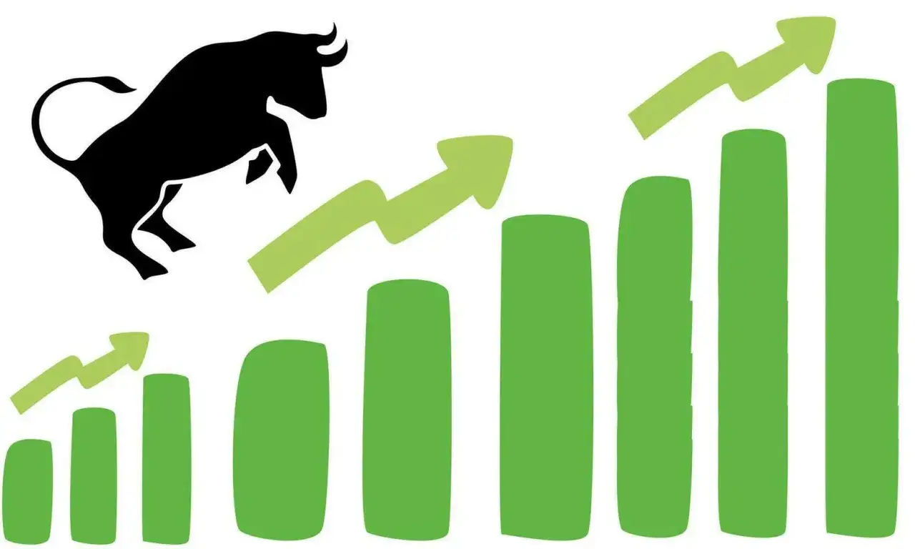 Schwarzer Bulle symbolisiert Aufw&auml;rtstrend im long trading. Gr&uuml;ne Balken und Pfeile zeigen steigende Kurse.