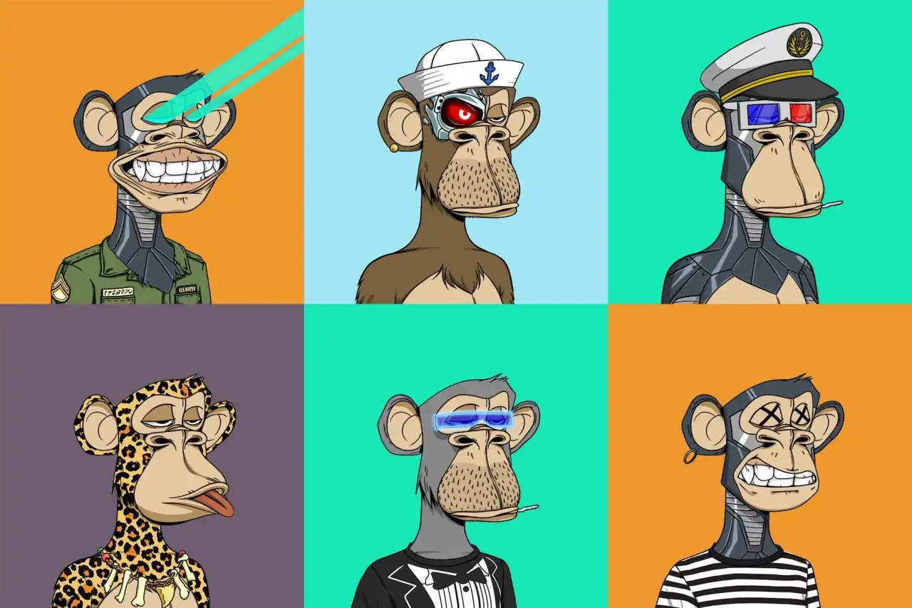 Sechs verschiedene Affen-Avatare im Stil des Bored Ape Yacht Club, jeder mit einzigartigem Outfit und Accessoires.