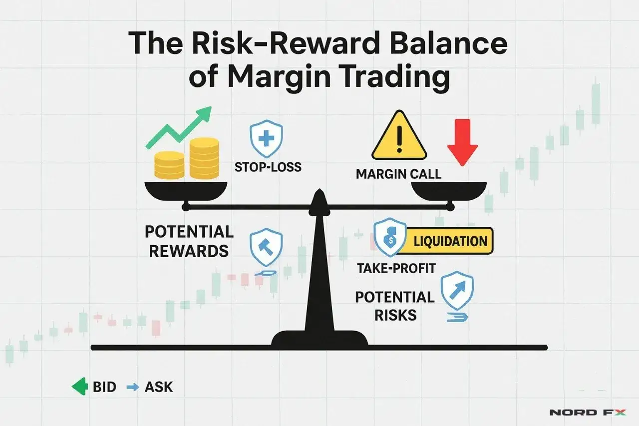 Waage zeigt Risiko vs. Ertrag beim Margin Trading: Stop-Loss, Margin Call, Liquidation und Take-Profit.