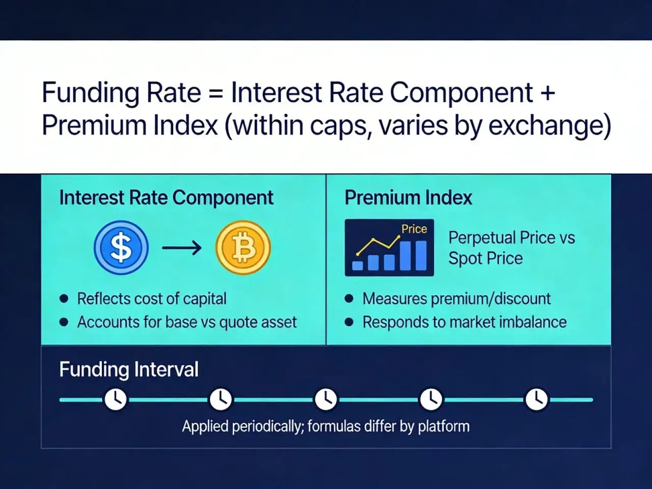 Finanzierungssatz f&uuml;r perpetual trading: Zinskomponente plus Pr&auml;mienindex. Zeigt die Berechnung der Finanzierungsrate.