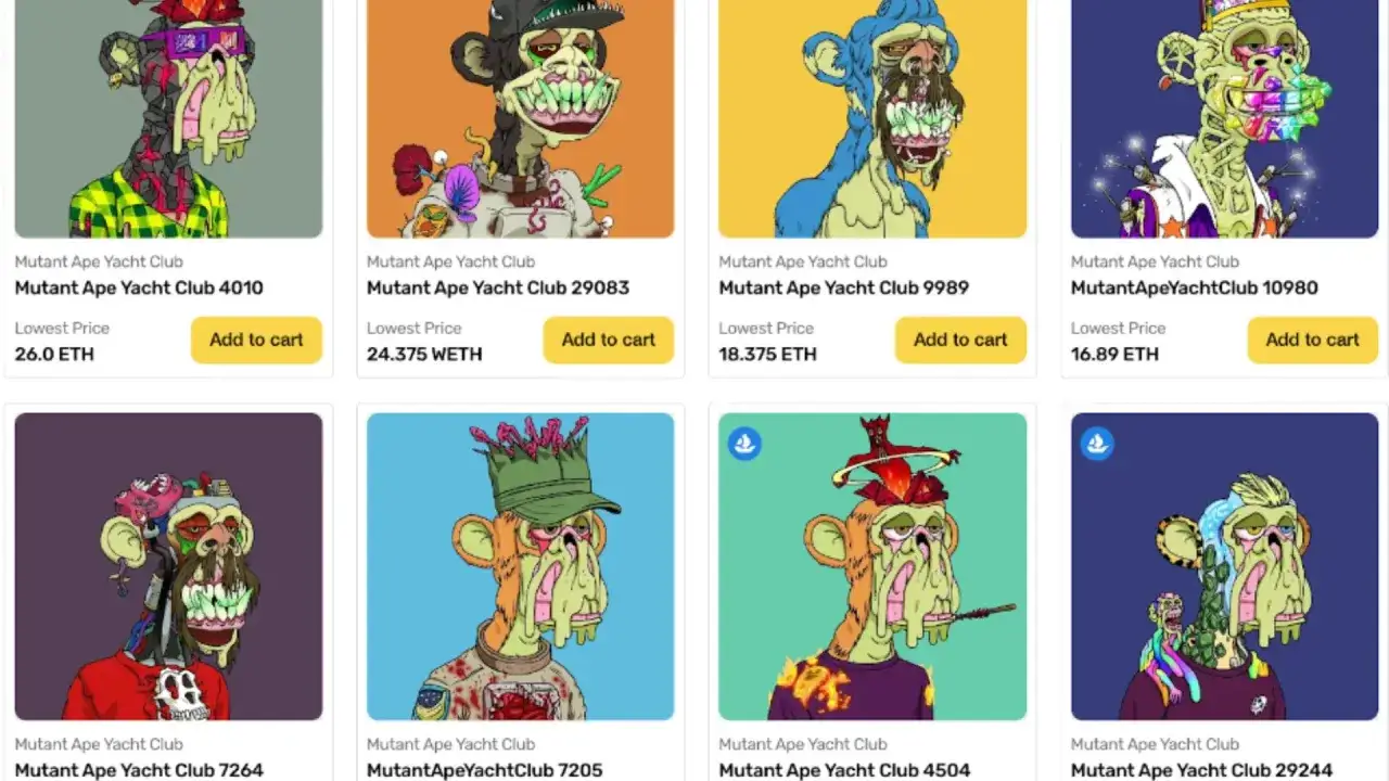 Acht mutierte Affen-NFTs des Mutant Ape Yacht Club, jeder mit einzigartigem Stil und Preisangabe.