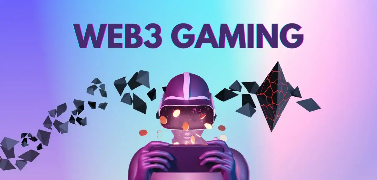 Person mit VR-Brille und Smartphone, umgeben von geometrischen Formen und M&uuml;nzen. Das Bild symbolisiert die Zukunft des crypto gaming.