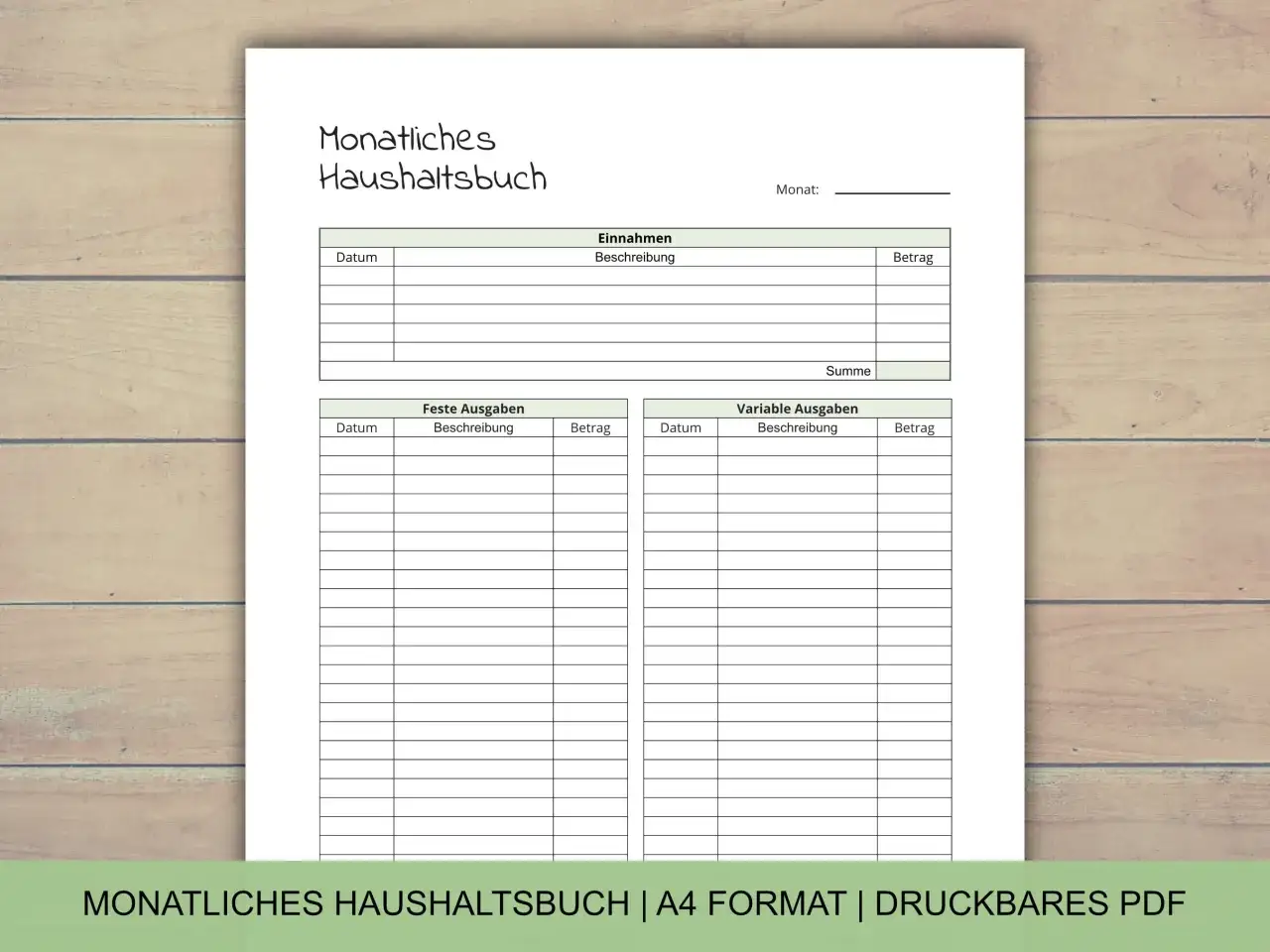 Monatliches Haushaltsbuch Vorlage mit Feldern f&uuml;r Einnahmen, feste und variable Ausgaben. Perfekt zur Finanz&uuml;bersicht.