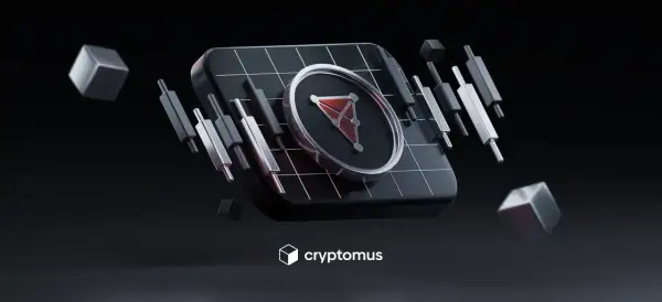 Abstrakte Darstellung von Kryptowährung-Charts mit dem chz coin-Symbol im Zentrum, umgeben von schwebenden Würfeln und Kerzencharts.