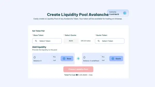 Erstelle einen Liquiditätspool auf Avalanche. Wähle Base- und Quote-Token, um die Liquidität für deinen balancer fi zu erhöhen.