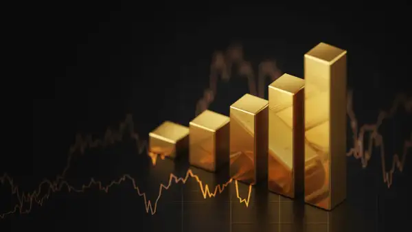Goldbarren steigen an, eine positive Gold prognose 2030, vor einem Chart.