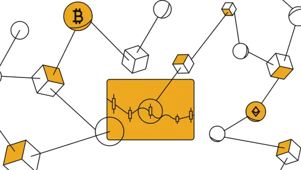 Abstrakte Darstellung von dydx crypto: Bitcoin, Ethereum und Blockchain-Blöcke sind verbunden. Ein Chart zeigt den Kursverlauf.