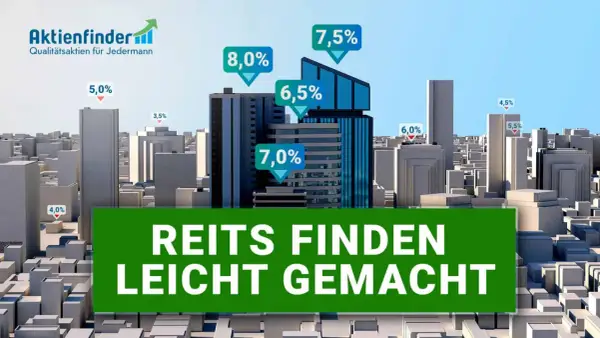 Grafik zeigt eine Stadt mit Wolkenkratzern, die verschiedene Renditen zeigen. "REITS FINDEN LEICHT GEMACHT" steht im Vordergrund.