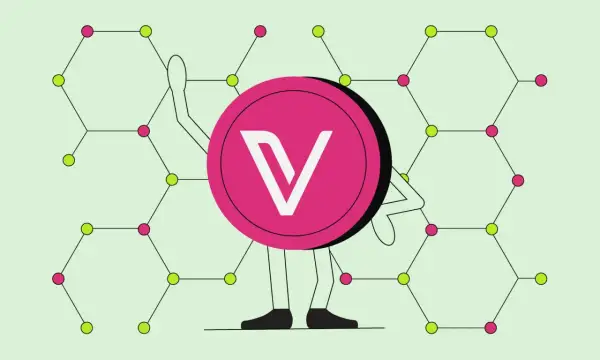Vechain Thor-Münze mit stilisierten Armen und Beinen, die vor einem Hintergrund aus verbundenen Sechsecken stehen.