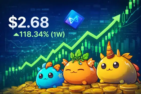 Axie Infinity (AXS) zeigt einen starken Aufwärtstrend mit einem Kurs von $2.68 und einem Zuwachs von 118.34% in einer Woche. Niedliche Axies sitzen auf Münzen vor einem Chart.