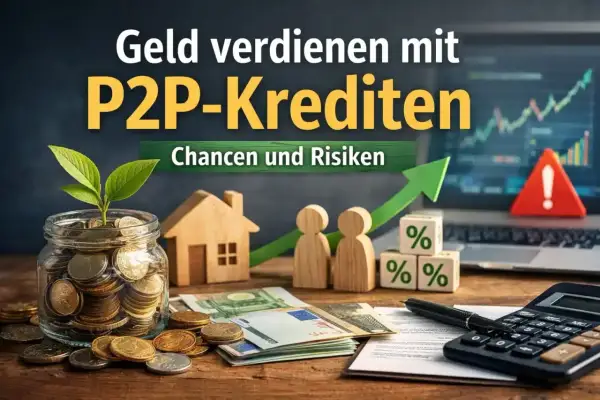 Geld verdienen mit P2P-Krediten: Ein Sparschwein, Haus, Figuren und Würfel mit Prozentzeichen symbolisieren Chancen und Risiken.