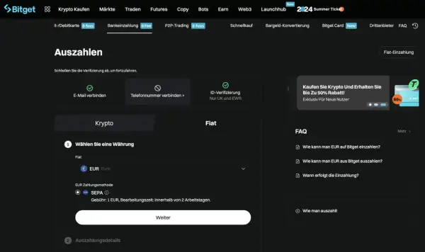 Bitget-Auszahlungsseite: Währung wählen (EUR) und SEPA als Zahlungsmethode für Ihren Krypto-Cash.
