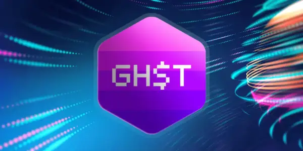 Das GHST Coin-Logo in Pixel-Art auf einem violetten Sechseck, umgeben von leuchtenden, abstrakten Lichtspuren.
