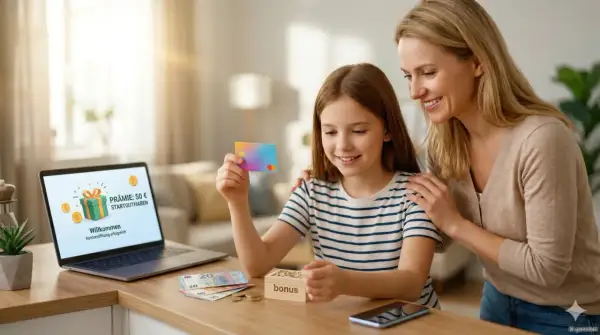 Mutter und Kind freuen sich über das neue Kinderkonto mit 50€ Startguthaben. Die Zinsen für das Sparkonto werden bald sichtbar.
