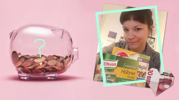 Sparschwein voller Münzen und eine Frau mit Knorr-Produkten. Gute geld sparen tipps für den Alltag.