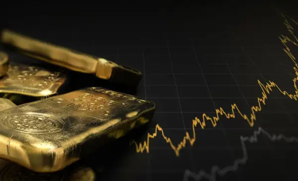 Goldbarren liegen auf einem Diagramm, das den Aufwärtstrend des Goldpreises zeigt. Ein visueller Leitfaden, wie investiere ich in gold.