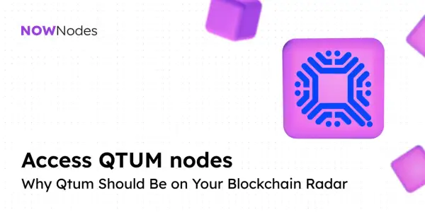 NOWNodes Logo und ein stilisiertes Symbol für den Qtum Coin. Der Text lautet "Access QTUM nodes. Why Qtum Should Be on Your Blockchain Radar".