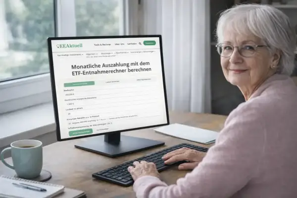 Seniorin nutzt ETF-Rechner für auszahlplan mit kapitalverzehr. Sie plant ihre monatliche Entnahme.