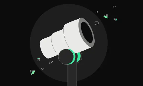Ein Teleskop blickt in die Nacht, um den fet token zu finden. Grüne geometrische Formen schweben umher.
